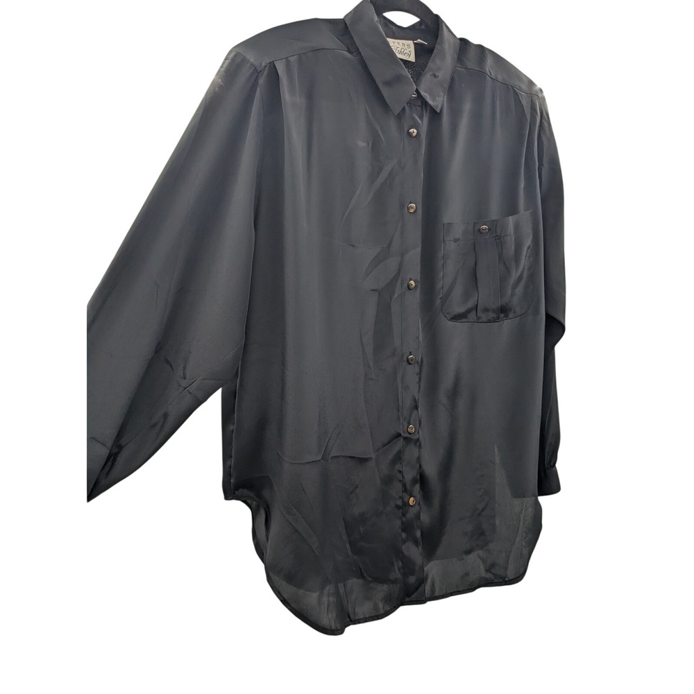 Vintage 90s Peters & Ashley Black Satin Blouse Oversized Button Down  Size 40